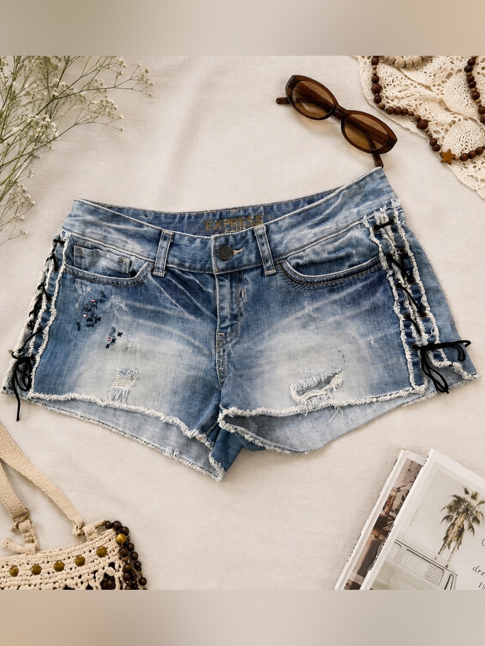 Express Y2K Low Rise Lace Up Denim Shorts 8 Micro Mini Festival Distressed